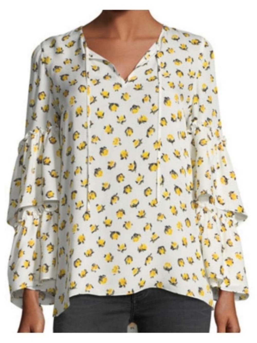 Kobi Halperin Savanna Tiered Sleeve  Split Neck Floral Silk Blouse Top Size M